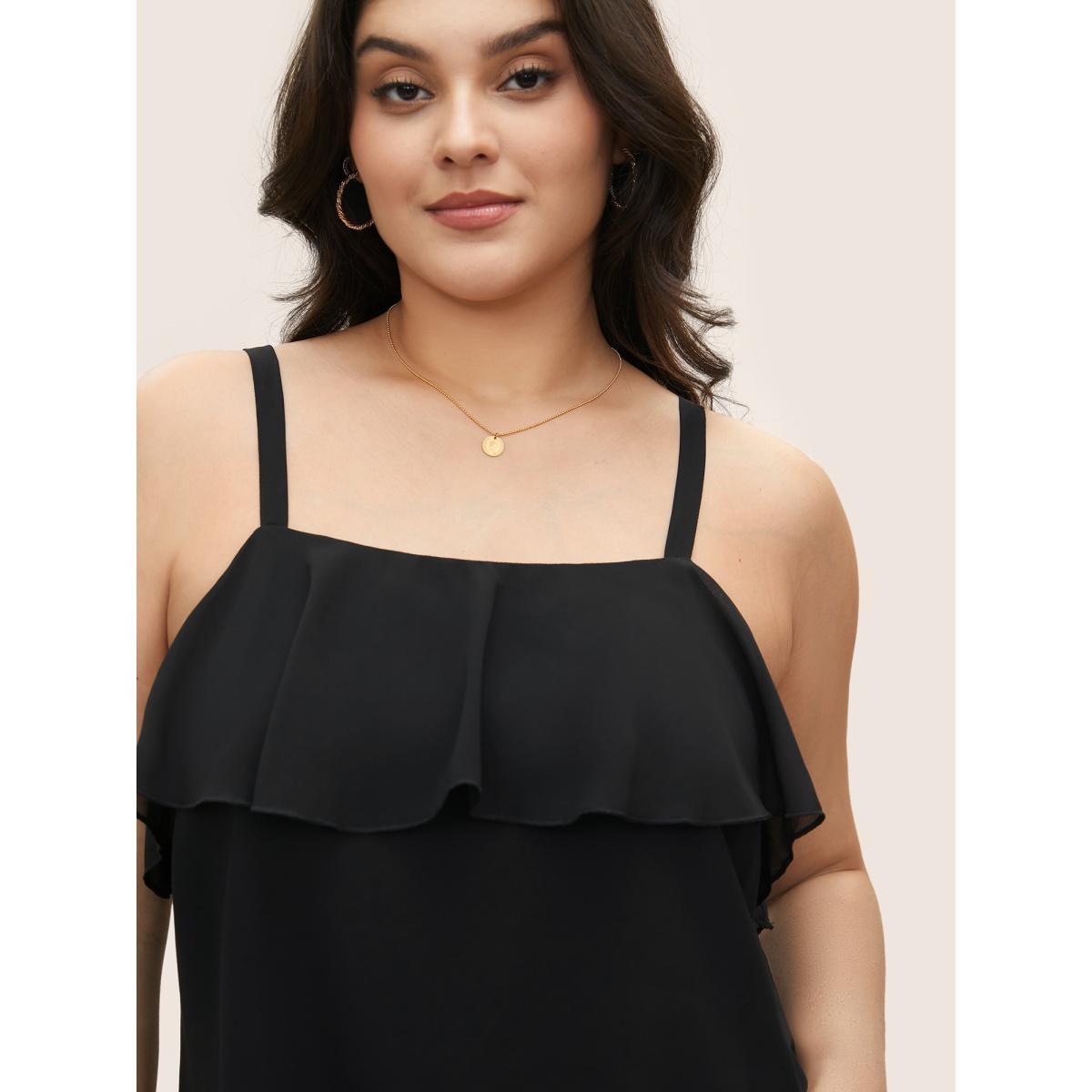 Plus Size Plain Adjustable Straps Ruffles Mesh Cami Top Women Black Elegant Ruffles One-shoulder neck Everyday Tank Tops Camis BloomChic 28/5X Product Image