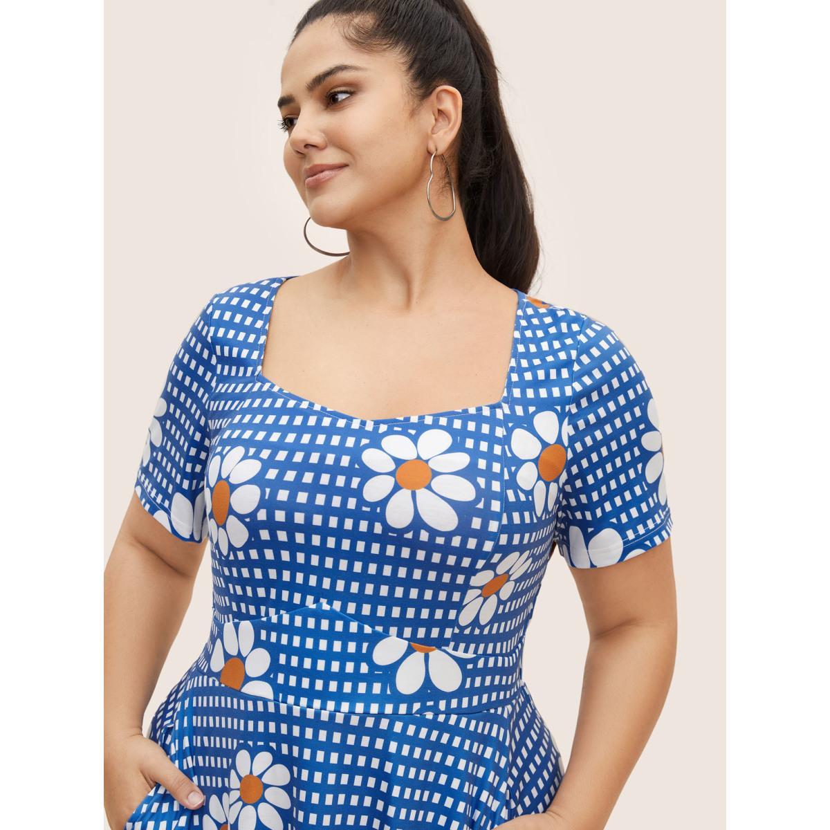 Plus Size Gingham Floral Elastic Waist Midi Dress Skyblue Women Casual Non Heart neckline Short sleeve Curvy BloomChic 18-20/2X Product Image