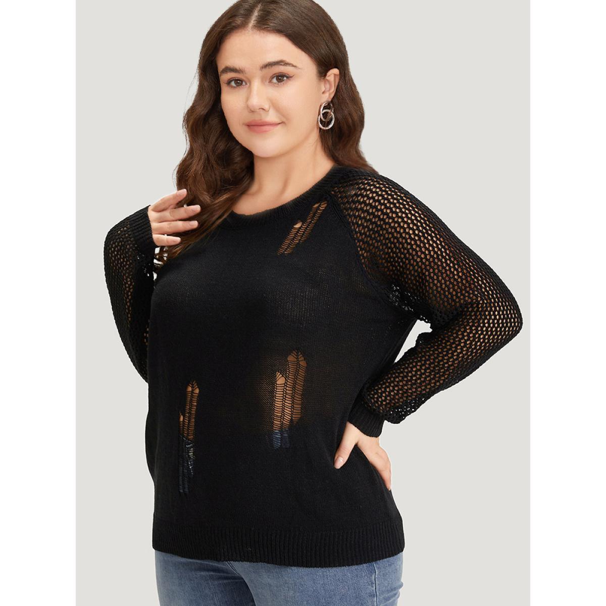 Plus Size Hollow Out Patchwork Raglan Sleeve Ripped Pullover Black Women Casual Loose Long Sleeve Round Neck Dailywear Pullovers BloomChic 10/M Product Image