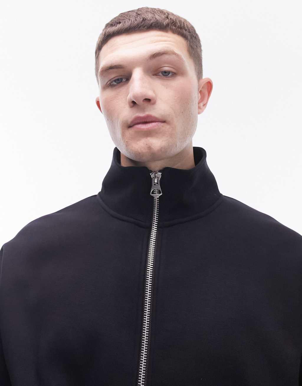 Topman premium heavyweight funnel neck full zip sweat in black Product Image