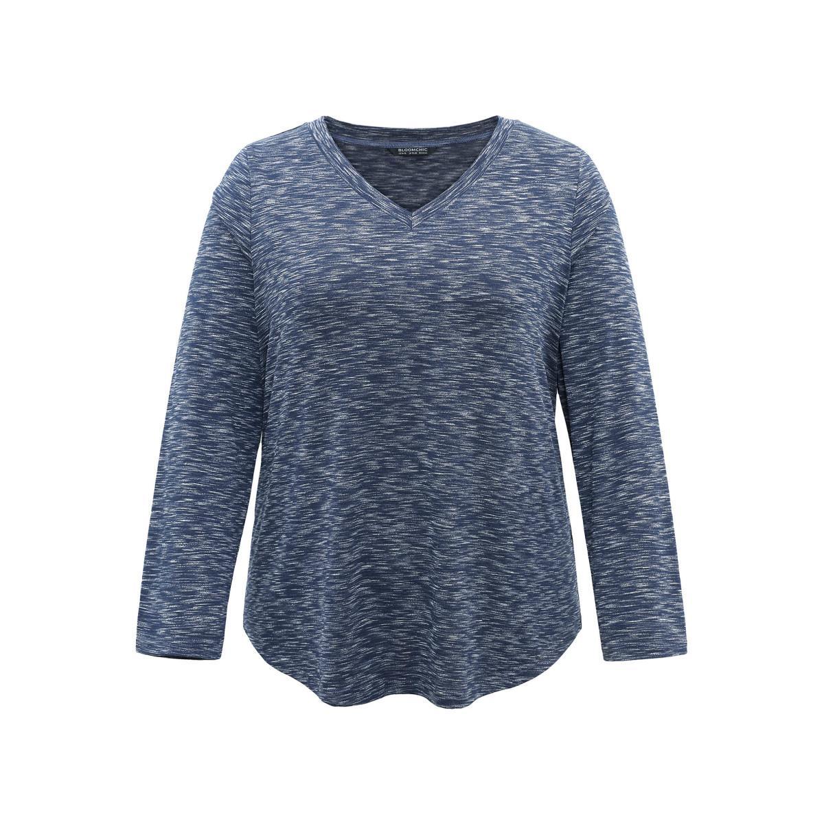 Plus Size Solid Heather V Neck Arc Hem T-shirt Midnight Women Casual Heather Plain V-neck Dailywear T-shirts BloomChic 26/4X Product Image