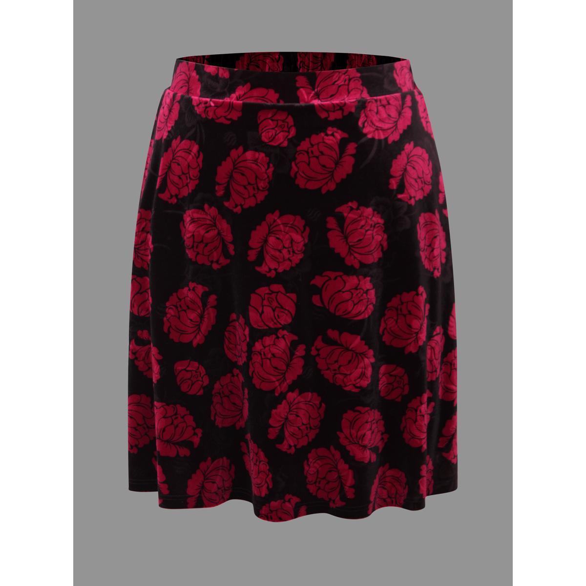 Plus Size Velvet Floral Elastic Waist Skirt Women BlackFlower Elegant Loose Low stretch Side seam pocket Everyday Skirts BloomChic 30/6X Product Image