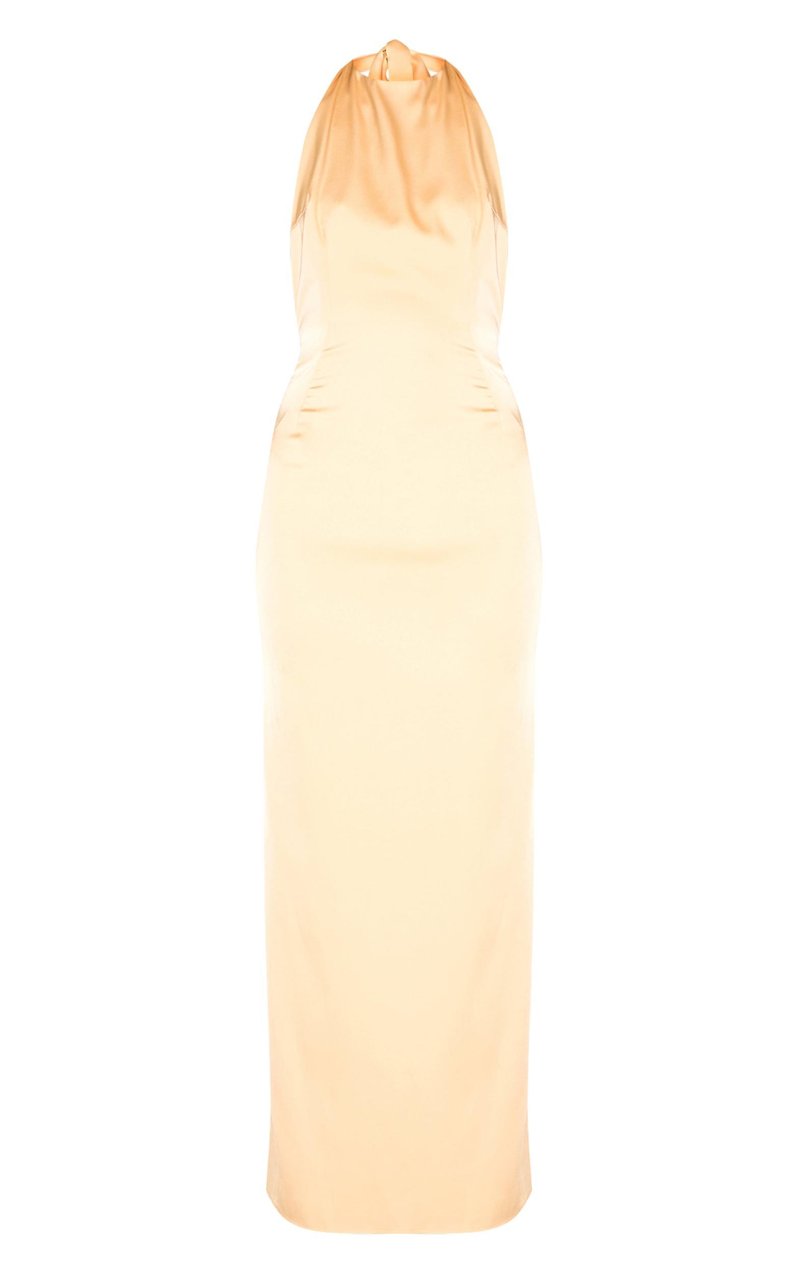 Butter Yellow Satin Halter Flared Maxi Dress Product Image