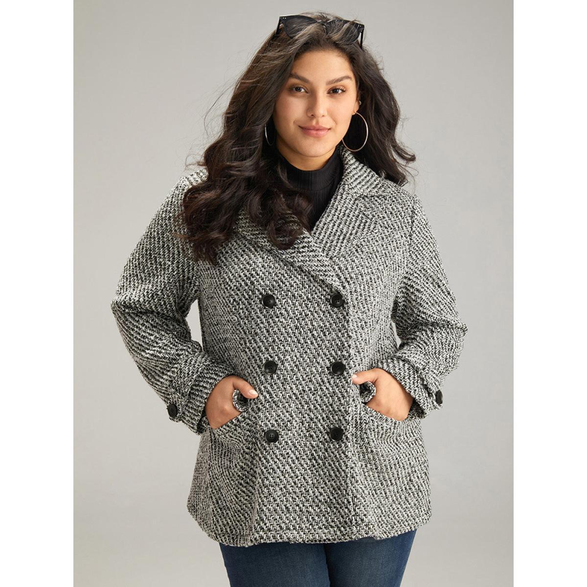 Plus Size Tweed Lapel Collar Button Up Pocket Coat Women Black Elegant Texture Ladies Everyday Winter Coats BloomChic 22-24/3X Product Image