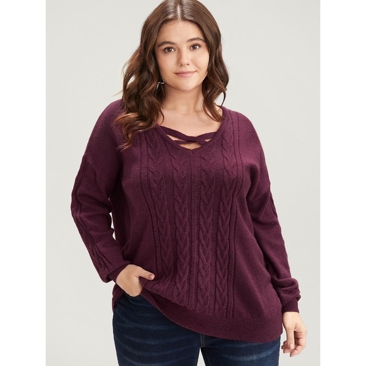 Plus Size Soft Pointelle Knit Crisscoss Neck Cable Knit Top Burgundy Women Elegant Loose Long Sleeve V-neck Dailywear Pullovers BloomChic 28/5X Product Image