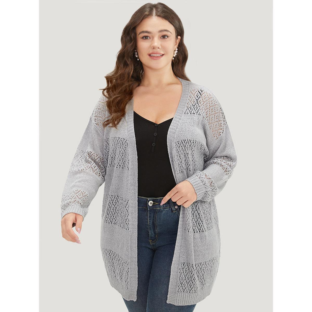 Plus Size Plain Geometric Eyelet Open Front Cardigan DarkGray Women Basics Loose Long Sleeve Everyday Cardigans BloomChic 26/4X Product Image