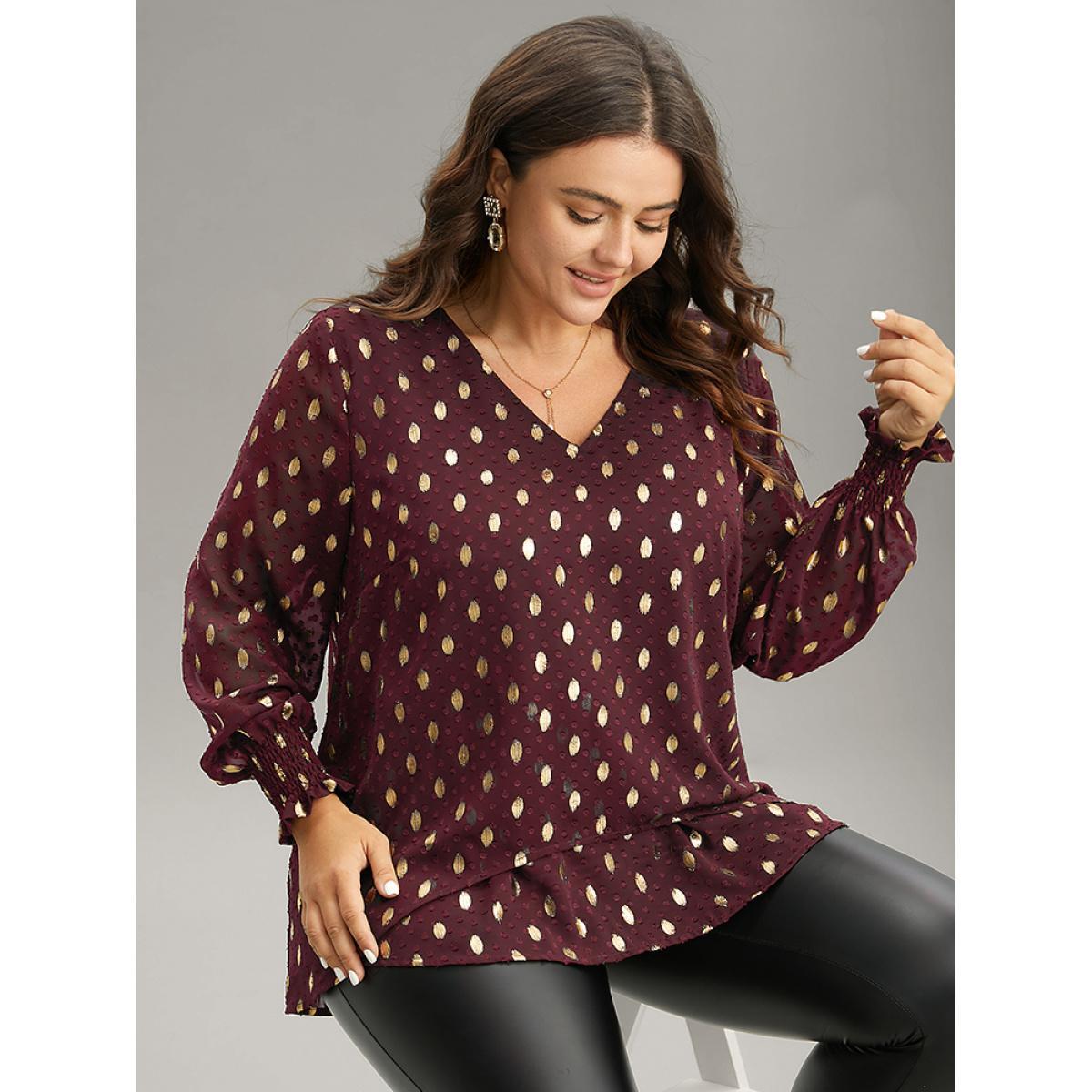Plus Size Scarlet Glitter Polka Dot Textured Shirred Tiered Blouse Women Glamour Long Sleeve V-neck Party Blouses BloomChic 10/M Product Image