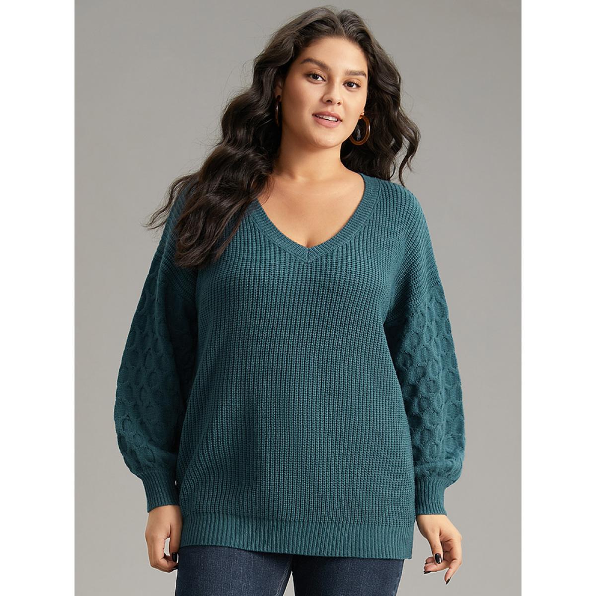 Plus Size Solid Cable Knit V Neck Drop Shoulder Pullover Teal Women Casual Long Sleeve V-neck Everyday Pullovers BloomChic 14-16/1X Product Image