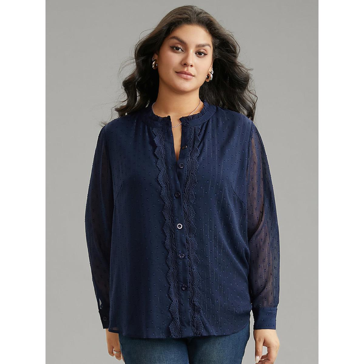 Plus Size Indigo Guipure Lace Mesh Button Through Blouse Women Elegant Long Sleeve Stand-up collar Dailywear Blouses BloomChic 28/5X Product Image