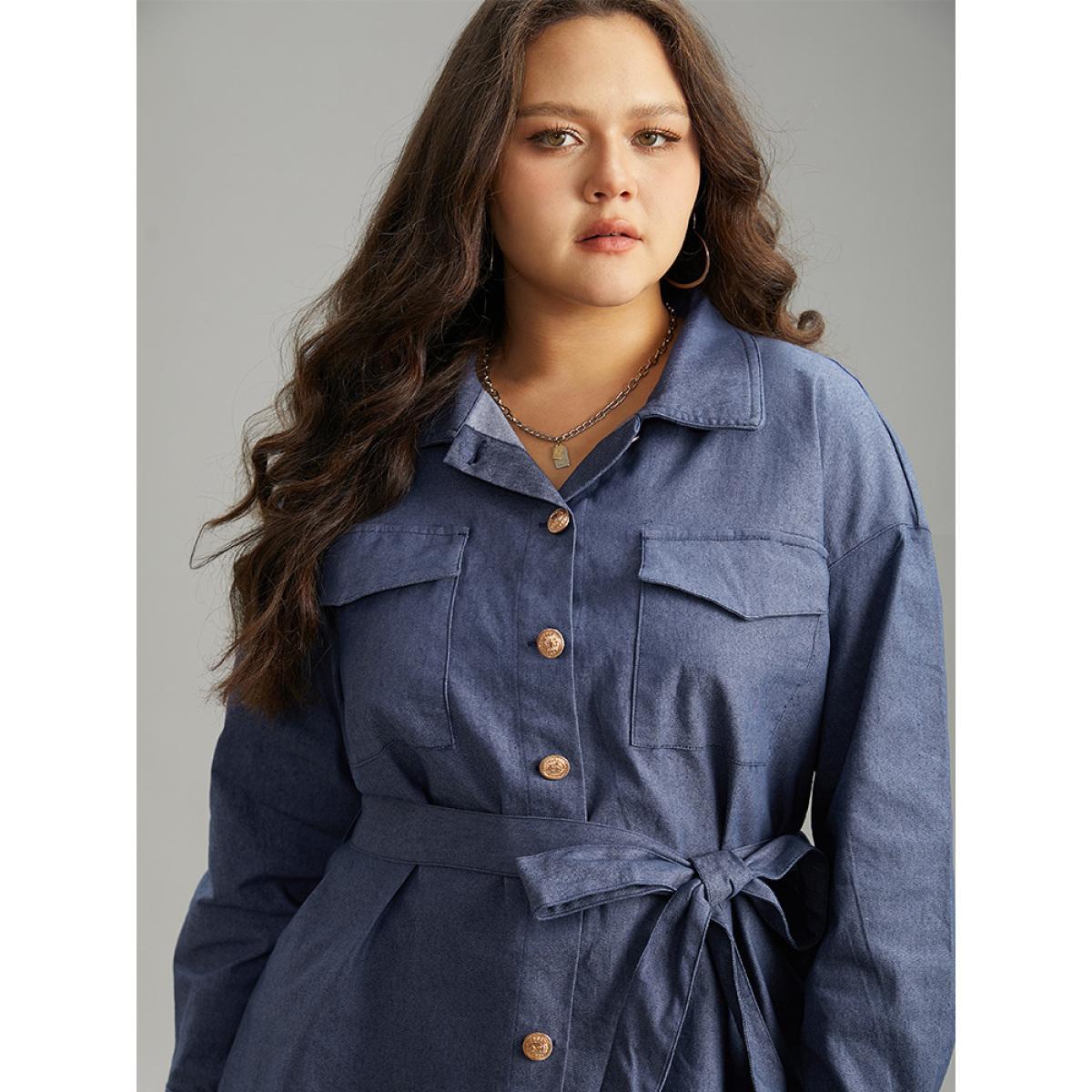 Plus Size Plain Ties Pocket Button Through Shacket Women Indigo Casual Plain Ladies Dailywear Winter Coats BloomChic 18-20/2X Product Image