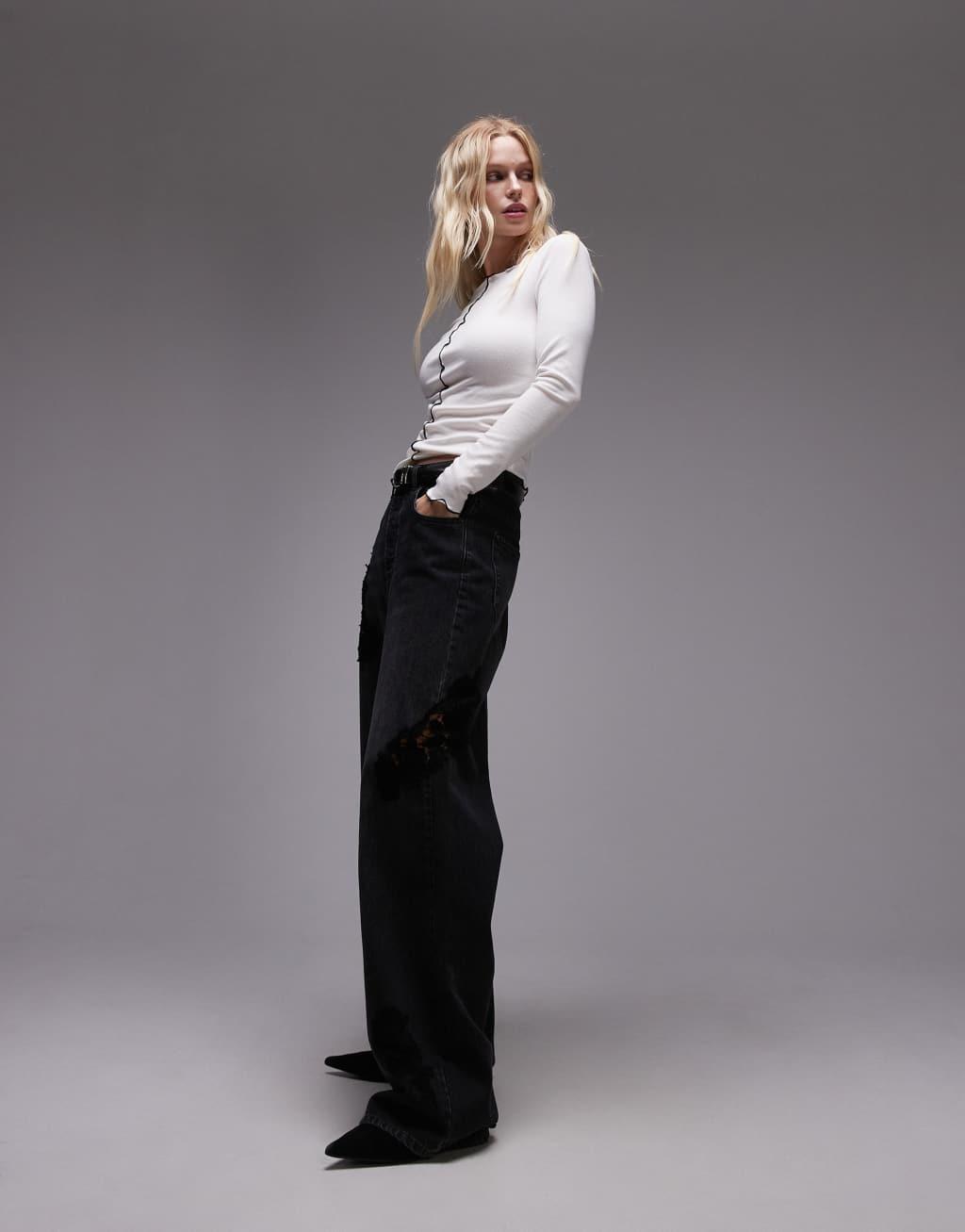 Mango contrast seam detail lettuce edge top in white Product Image