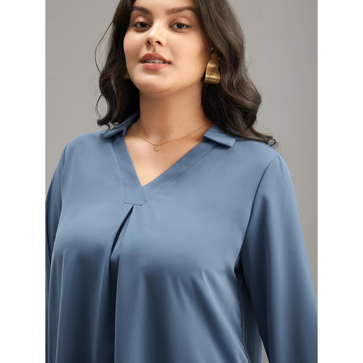 Plus Size Stone Anti-Wrinkle Plain V Neck Plicated Detail Blouse Women Office Long Sleeve V-neck Work Blouses BloomChic 10/M Product Image