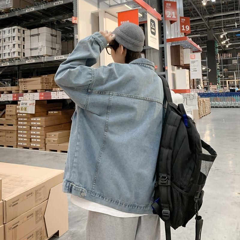 Collared Washed Button-Up Denim Cargo Jacket Product Image