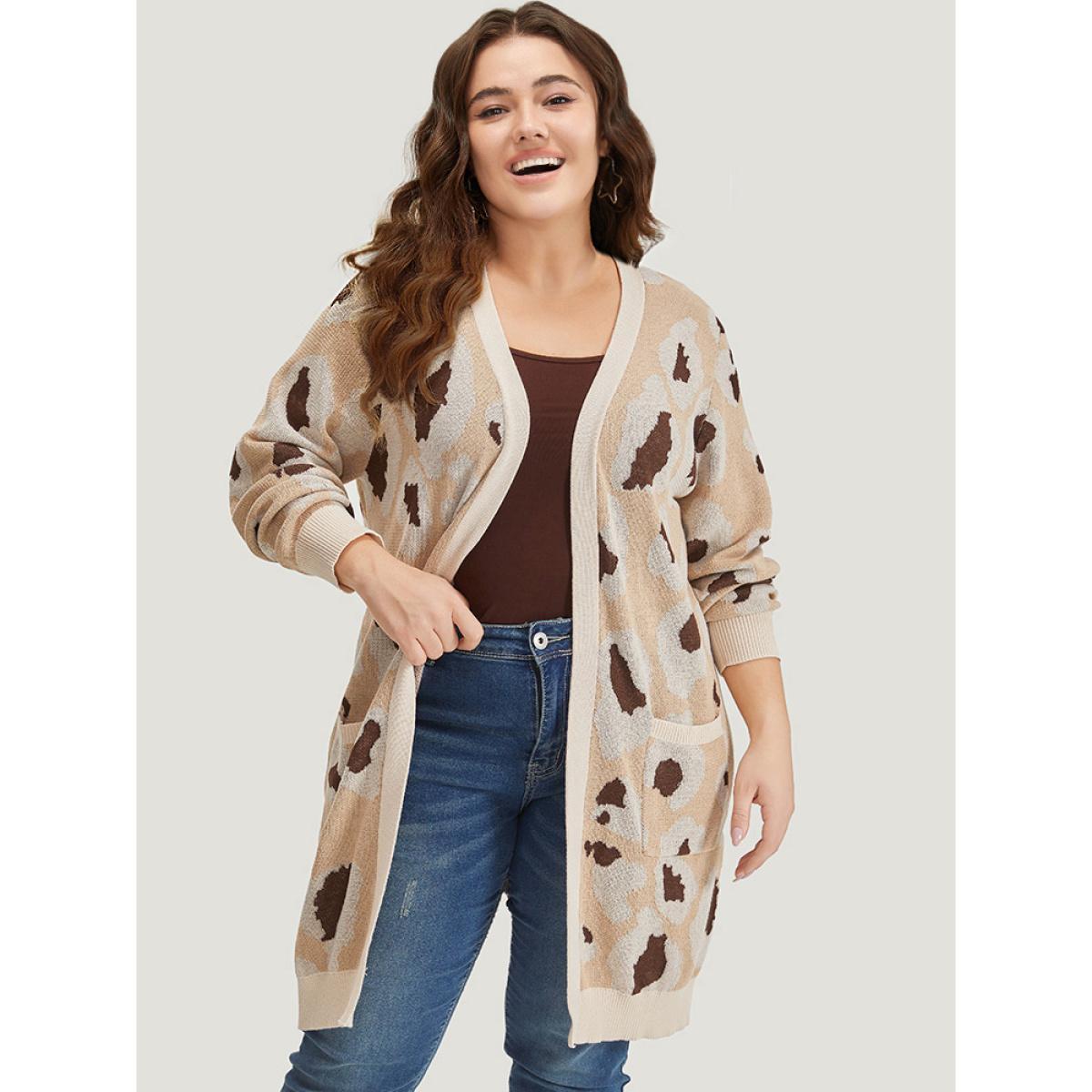 Plus Size Leopard Print Open Front Patched Pocket Cardigan Leopard Women Casual Loose Long Sleeve Dailywear Cardigans BloomChic 28/5X Product Image