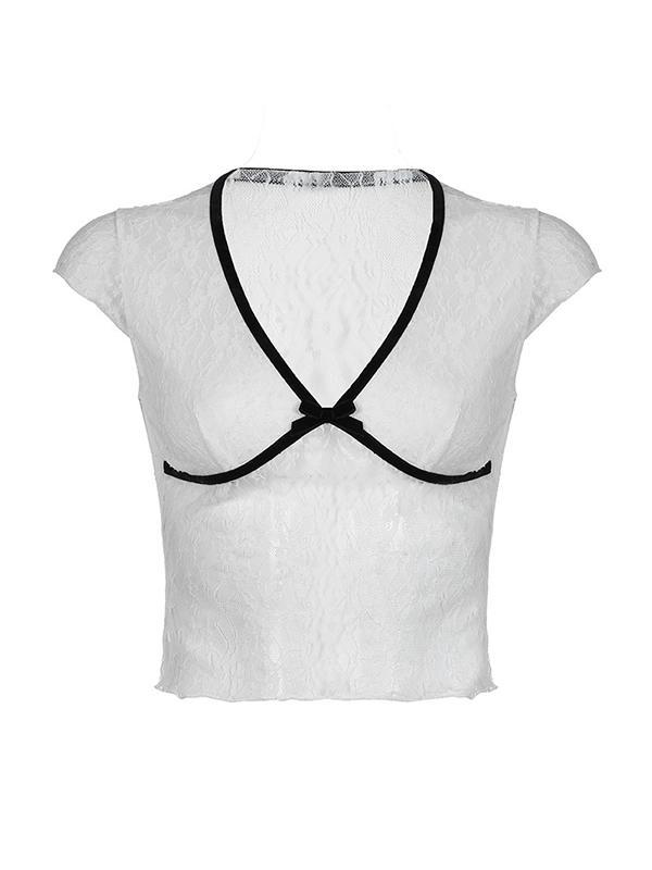Lace Bow Splice V Neck Short Sleeve Tee Product Image