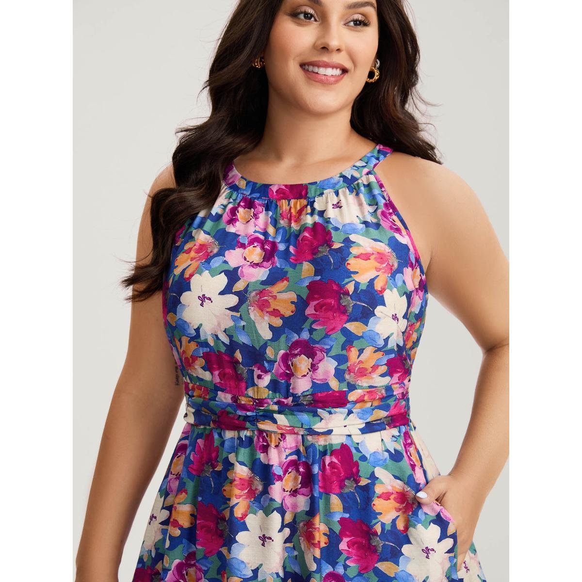 Plus Size Color Block Floral Shirred Waist Midi Dress Multicolor Women Round Neck Sleeveless Curvy BloomChic 14-16/1X Product Image