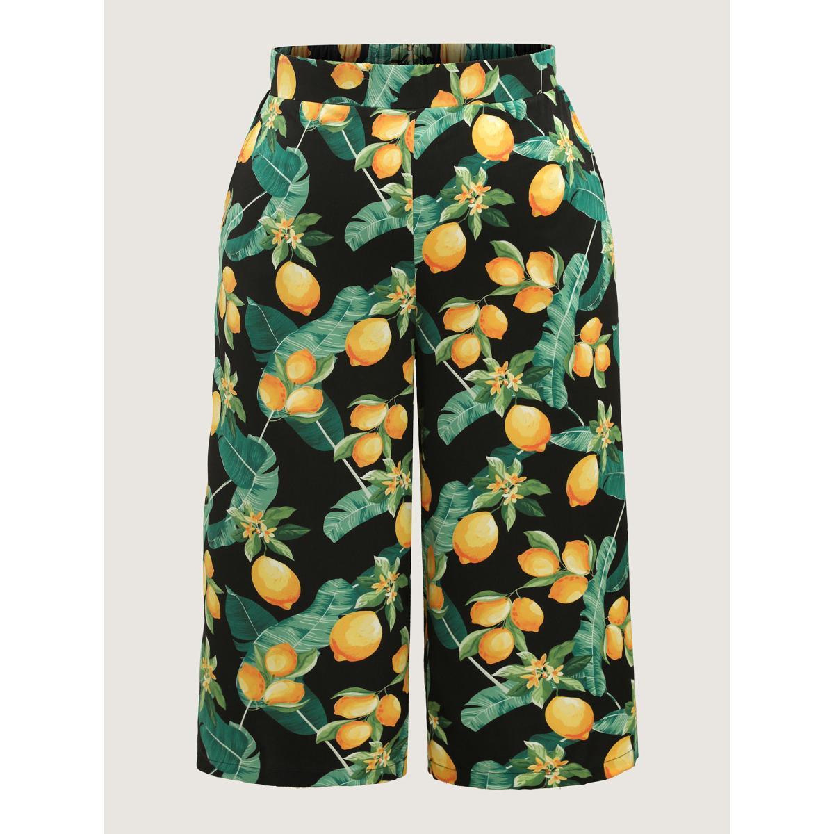 Plus Size Citrus Print Wide-Leg Pants Women BlackFlower Casual Wide Leg Mid Rise Everyday-Casual Pants BloomChic 18-20/2X Product Image
