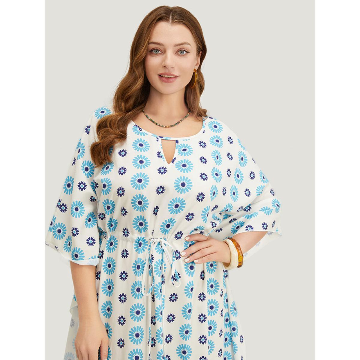 Plus Size Floral Batwing Sleeve Keyhole Knotted Neck Split Dress Cerulean Women Vacation Round Neck Half Sleeve Curvy Midi Dress BloomChic 12/L Product Image