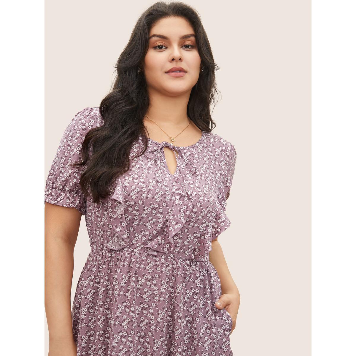 Plus Size Ditsy Floral Ruffle Trim Ties Lantern Sleeve Dress Heather Women Elegant Non Round Neck Short sleeve Curvy Midi Dress BloomChic 18-20/2X Product Image