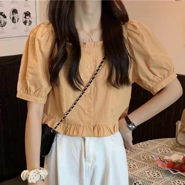 Puff-Sleeve Ruffle Hem Blouse Product Image