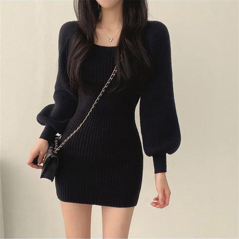 Long-Sleeve Square Neck Plain Ribbed Mini Sheath Knit Dress Product Image