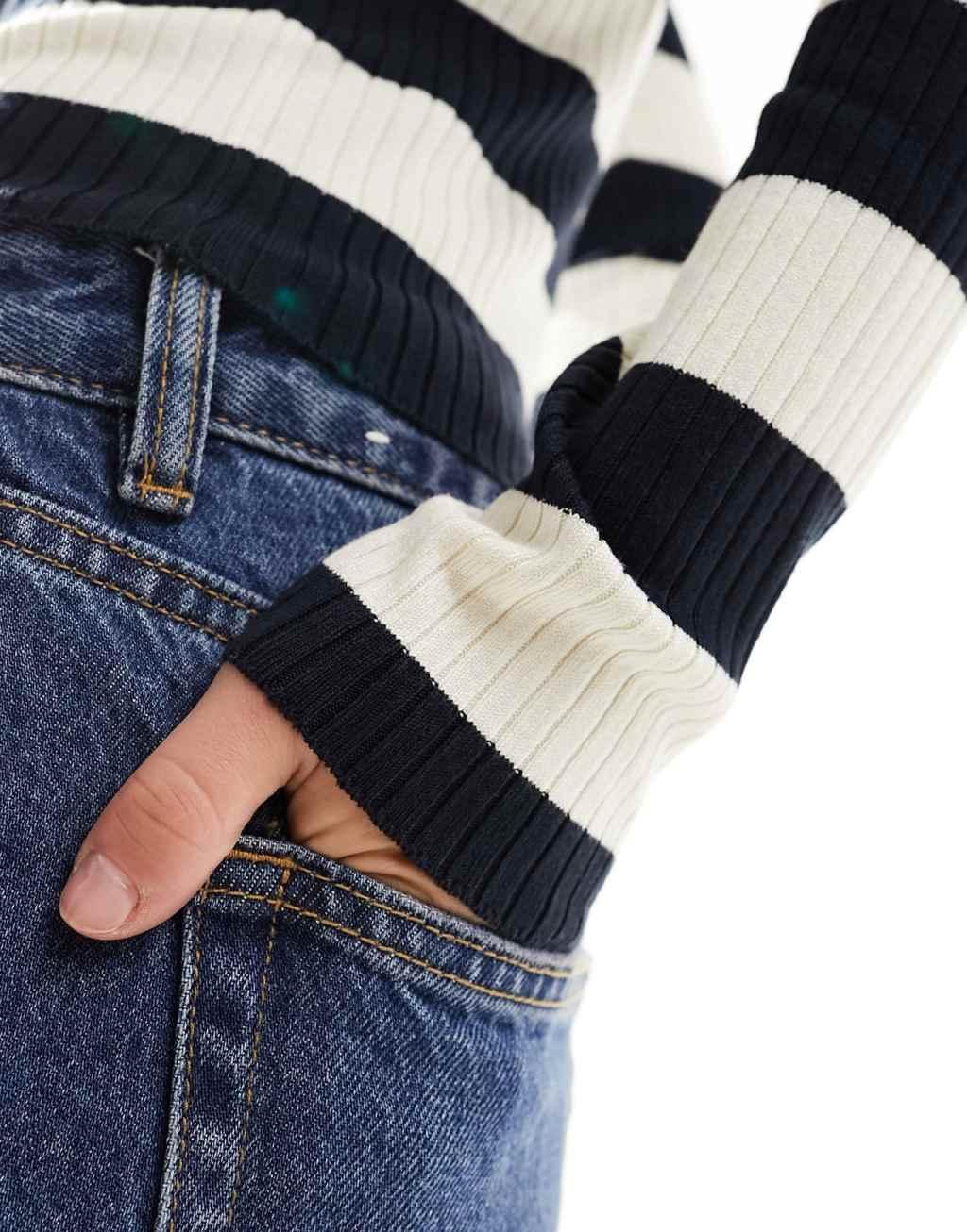JDY ribbed long sleeve top in navy & cream stripe Product Image