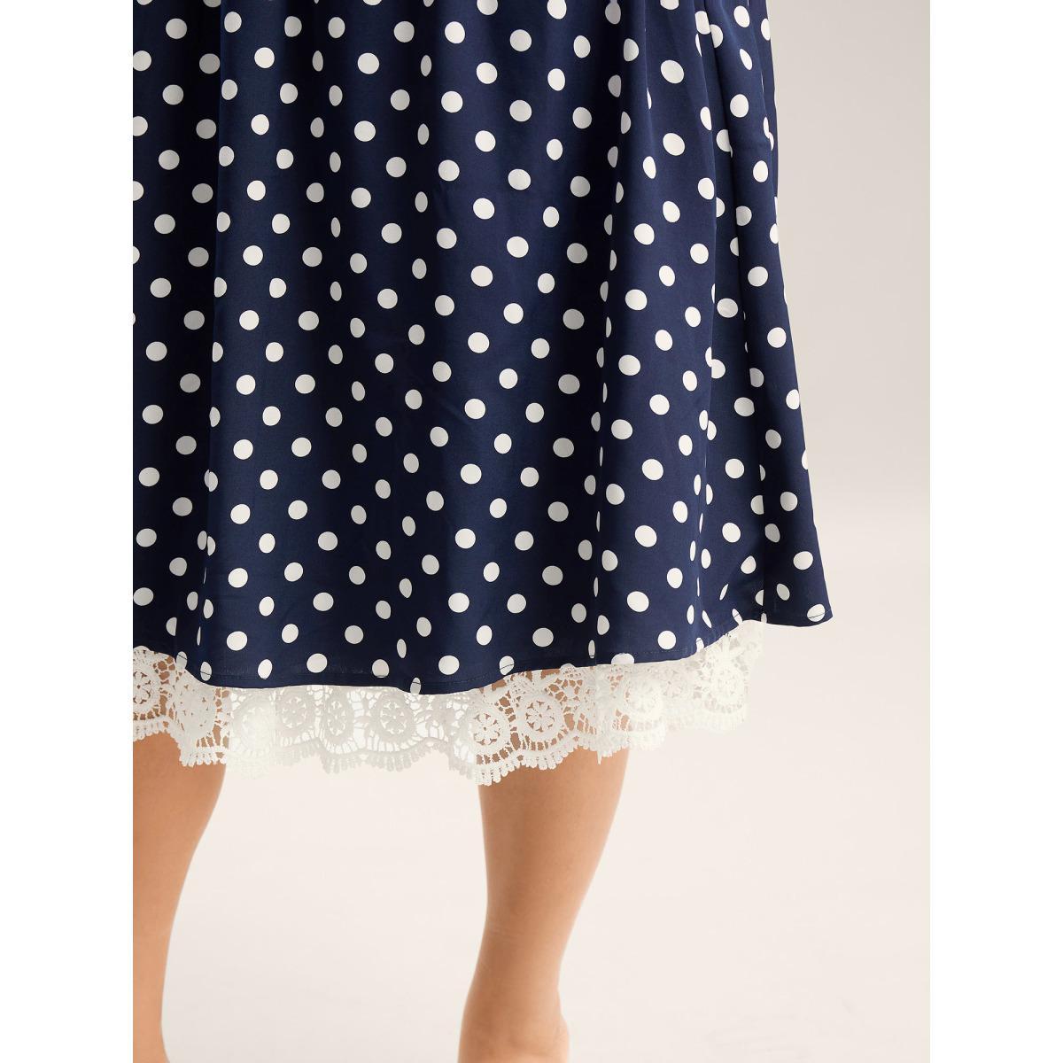 Plus Size Polka Dots Print Adjustable Lace Midi Dress DarkBlue Women Non Sleeveless Curvy BloomChic 28/5X Product Image