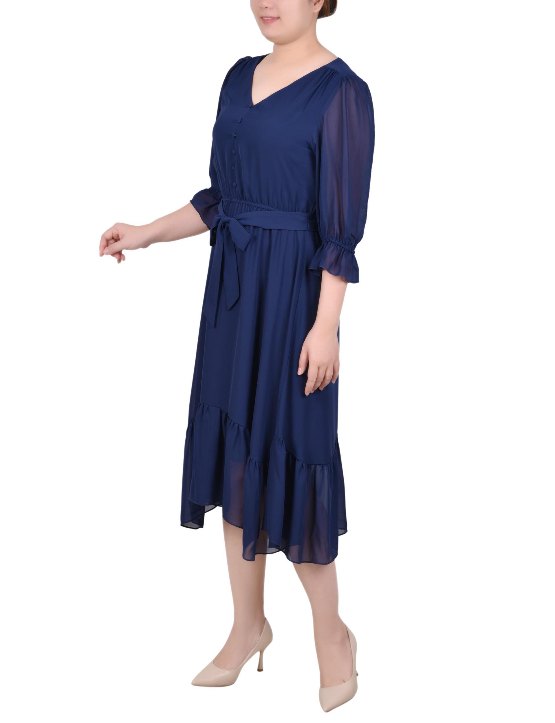 Navy 3/4 Sleeve V-Neck Flounced Dress Product Image