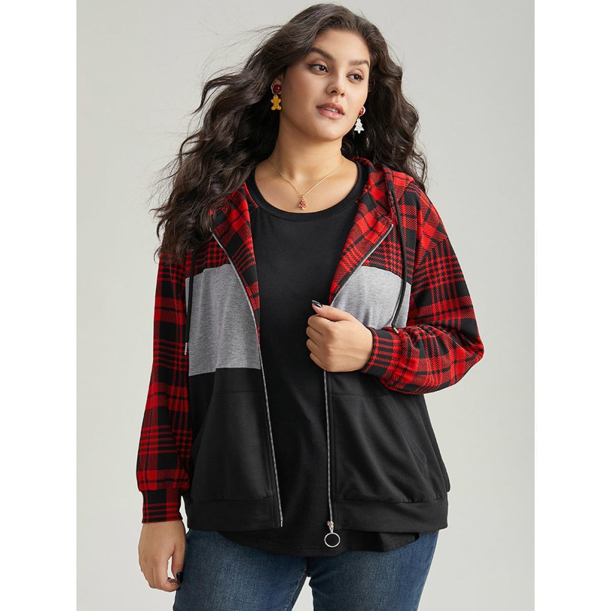Plus Size Plaid Contrast Patchwork Drawstring Zipper Jacket Women Raspberry Contrast Pocket Dailywear Jackets BloomChic 18-20/2X Product Image