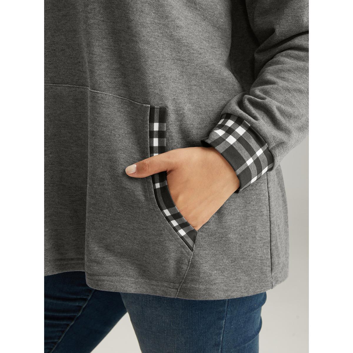 Plus Size Gingham Round Neck Pocket Patchwork Sweatshirt Women DimGray Casual Patchwork Round Neck Dailywear Sweatshirts BloomChic 10/M Product Image