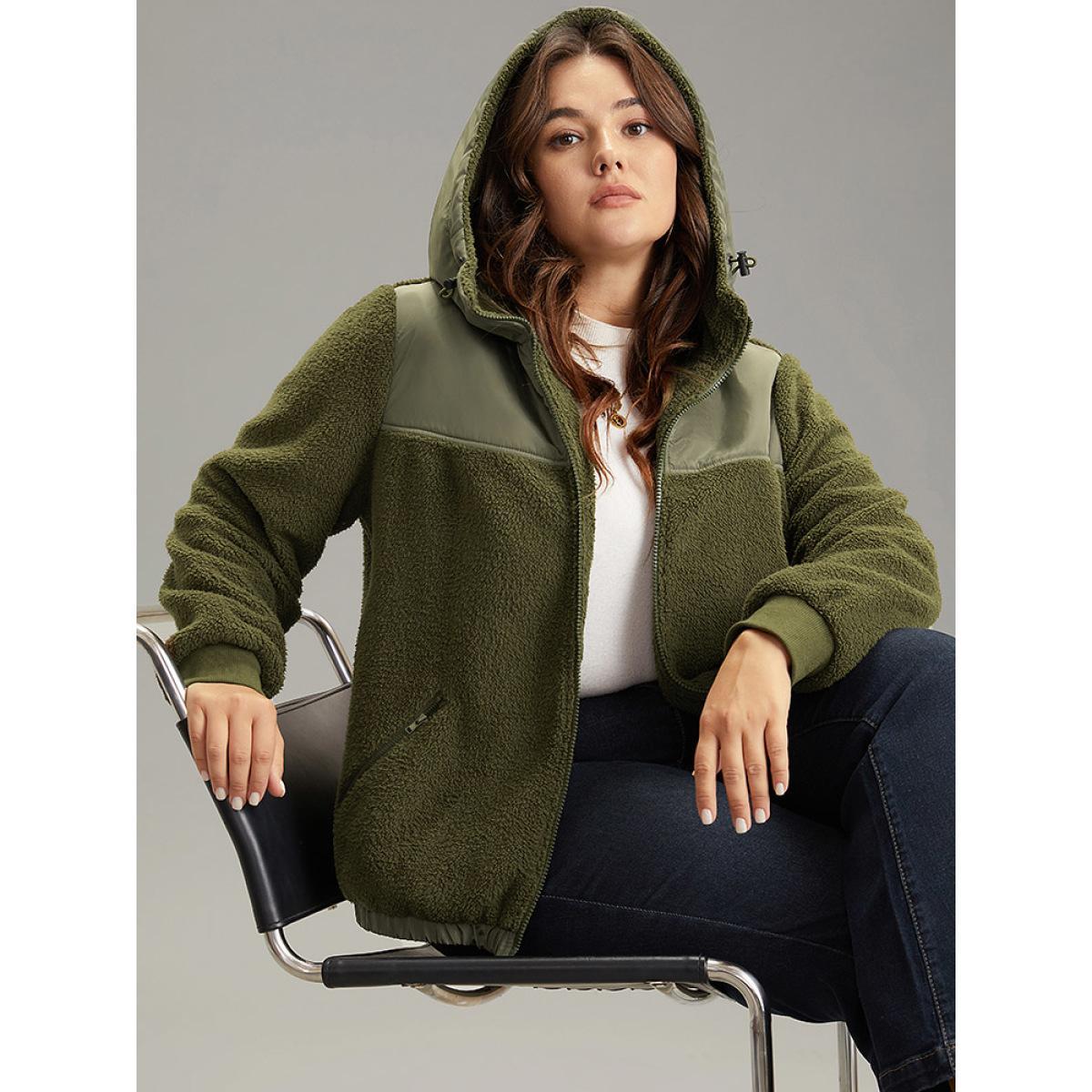 Plus Size Patchwork Zipper Rib Knit Hooded Teddy Jacket Women ArmyGreen Rib Knit Pocket Dailywear Jackets BloomChic 18-20/2X Product Image