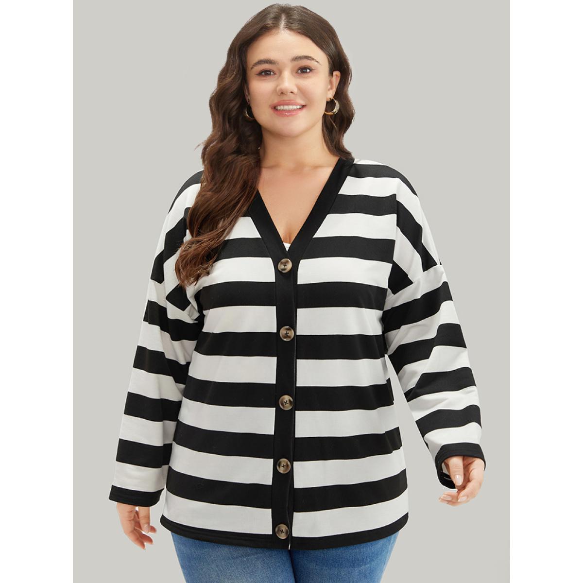 Plus Size Halloween Striped Button Through Jacket Women Black Casual Contrast Ladies Dailywear Winter Coats BloomChic 12/L Product Image