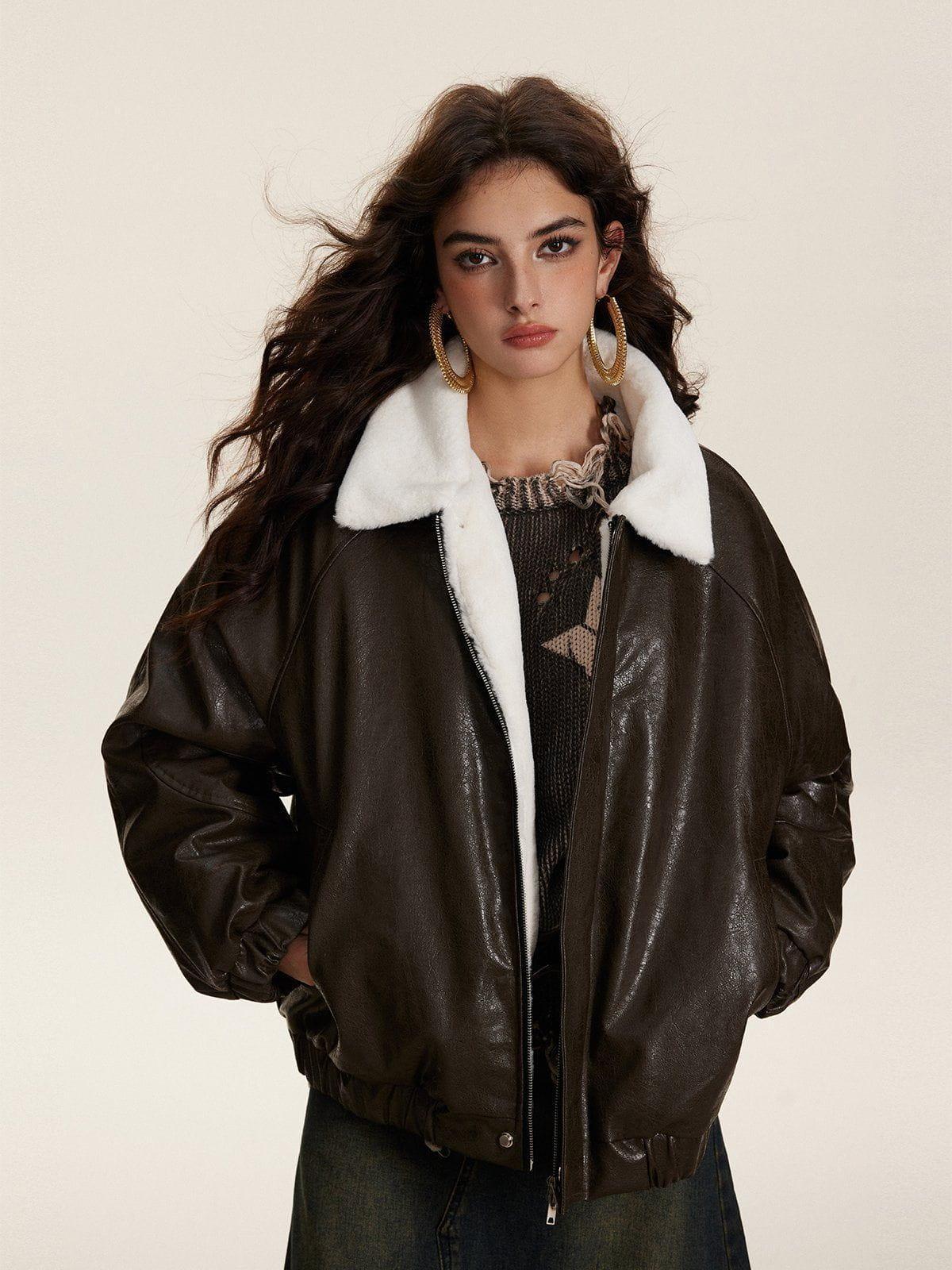 Aelfric Eden Fur Collar Faux Leather Bomber Jacket Female Product Image