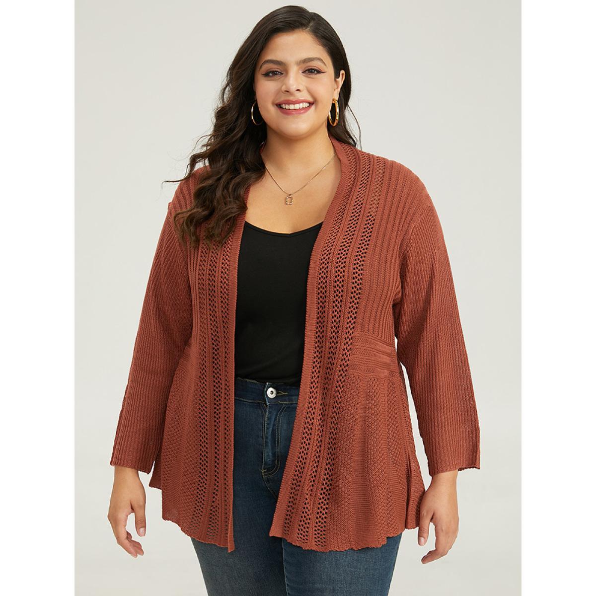 Plus Size Plain Hollow Out Drop Shoulder Open Front Cardigan Chocolate Women Casual Loose Long Sleeve Everyday Cardigans BloomChic 12/L Product Image