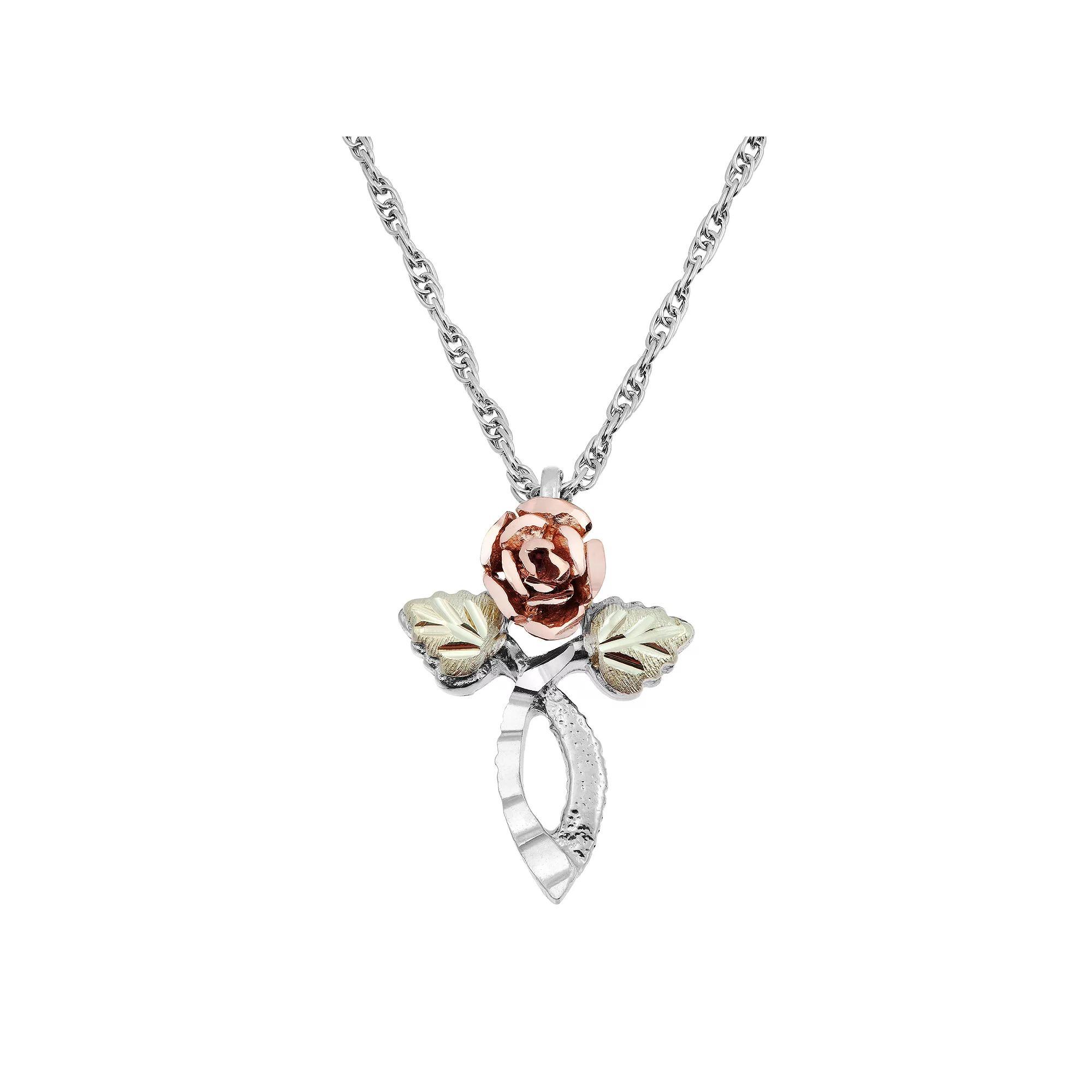 Black Hills Gold Tri Tone Rose Cross Pendant in Sterling Silver, Women's, Size: 18" Product Image