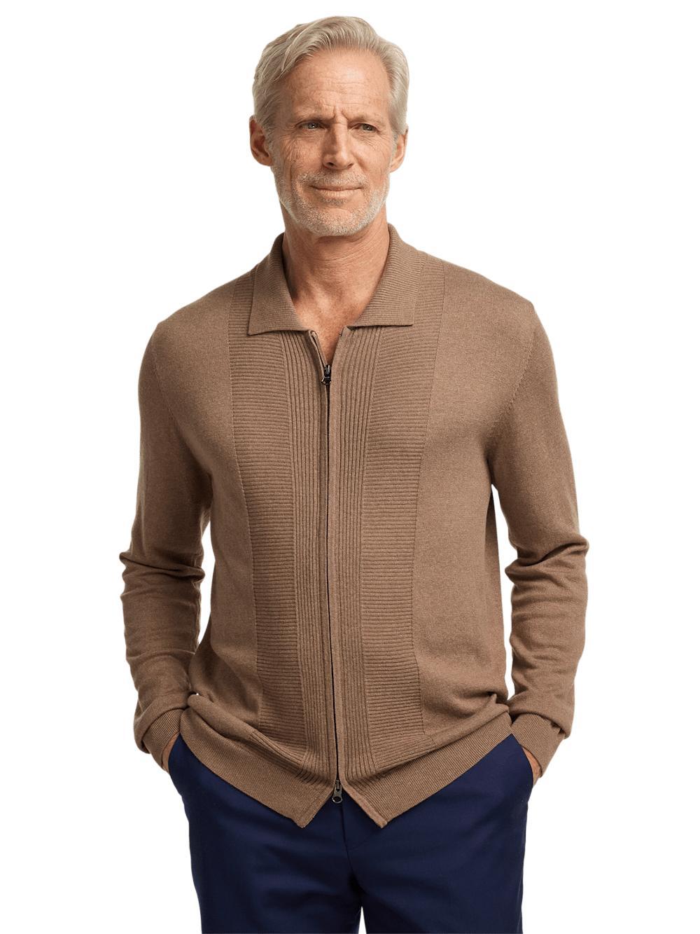 Silk Cotton Cashmere Full Zip Polo - Camel Product Image