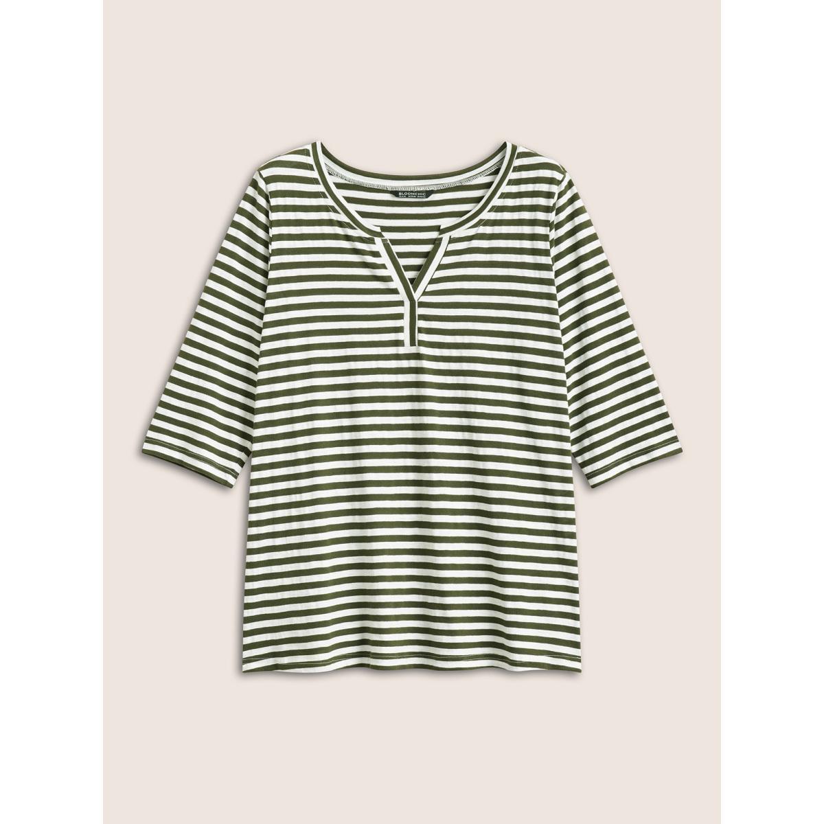 Plus Size Striped Print Notched T-shirt ArmyGreen Women Casual Contrast Striped Notched collar Everyday T-shirts BloomChic 22-24/3X Product Image