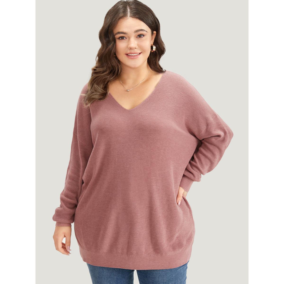 Plus Size Plain Twist Back Backless Pullover DustyPink Women Casual Loose Long Sleeve V-neck Dailywear Pullovers BloomChic 26/4X Product Image