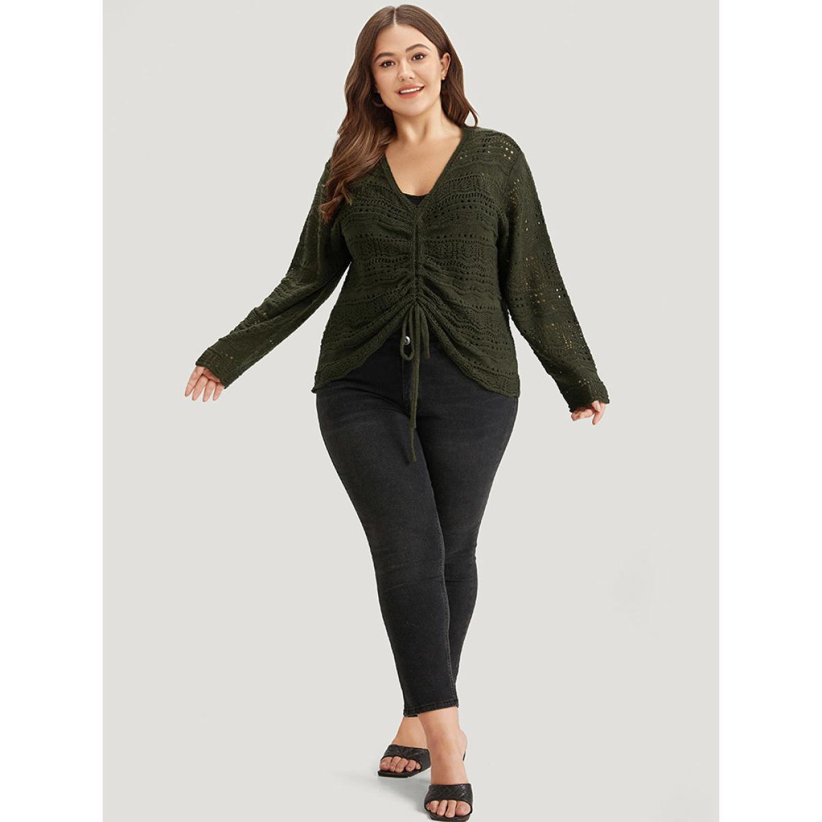 Plus Size Plain Drawstring Hem V Neck Pullover ArmyGreen Women Casual Loose Long Sleeve V-neck Everyday Pullovers BloomChic 14-16/1X Product Image