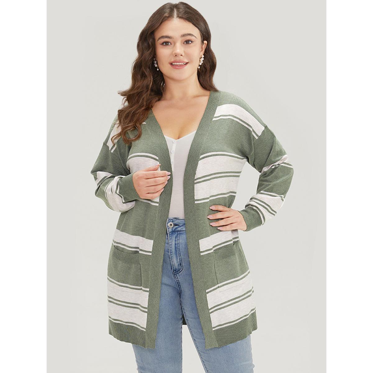 Plus Size Striped Patchwork Open Front Pocket Cardigan Green Women Casual Long Sleeve Everyday Cardigans BloomChic 14-16/1X Product Image