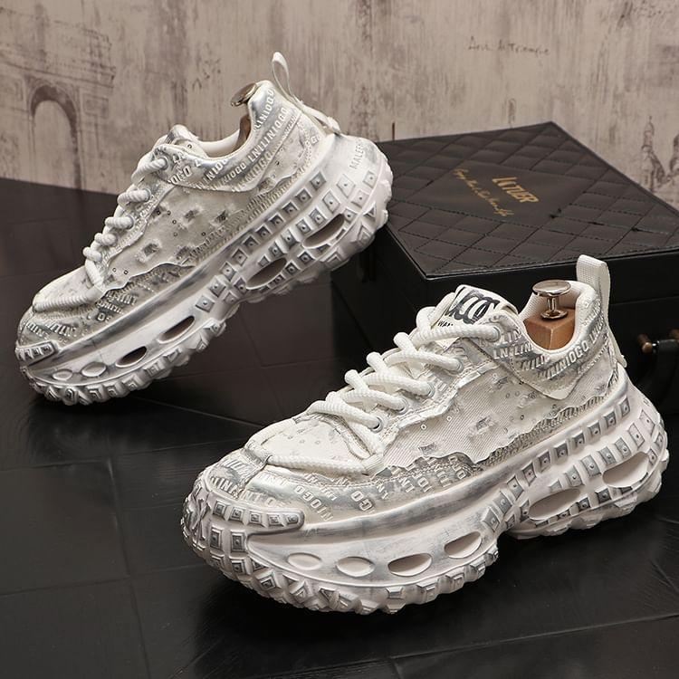 Platform Sequin Distressed Lace-Up Sneakers Product Image