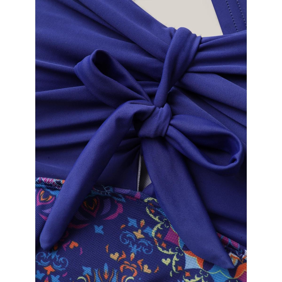 Plus Size Tie-Front Sheer Boho Print Swim Dress Women's Swimwear DarkBlue Beach Bodycon Heart neckline High stretch Curve Swim Dresses BloomChic 22-24/3X Product Image