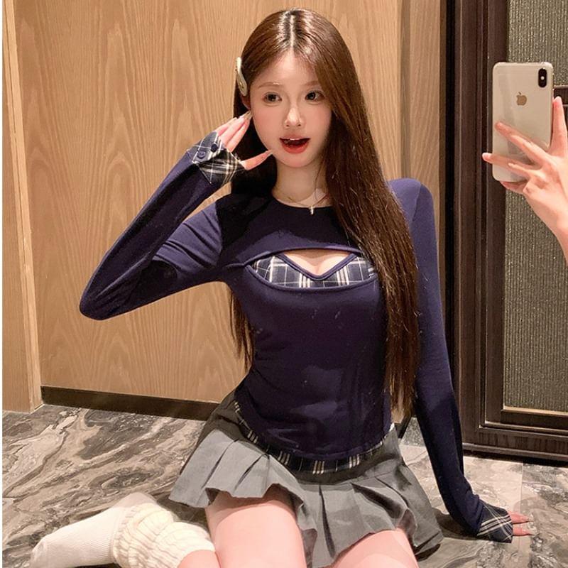 Long Sleeve Round Neck Plaid Mock Two Piece Panel Top Product Image