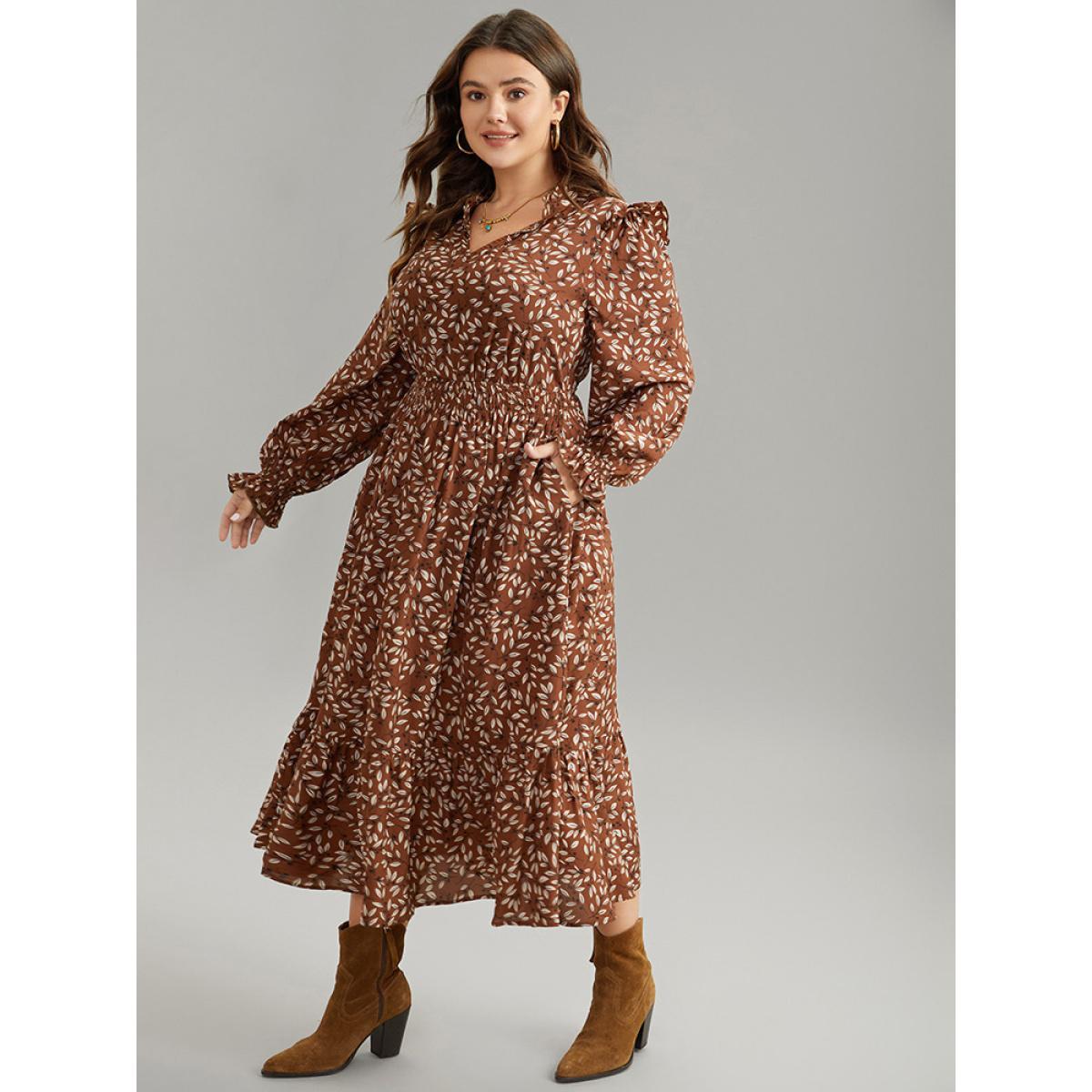 Plus Size Ditsy Floral Flutter Trim Pocket Shirred Dress DarkBrown Women Elegant Printed Notched collar Long Sleeve Curvy Midi Dress BloomChic 22-24/3X Product Image