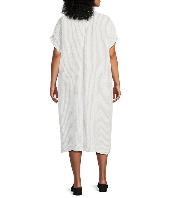 Eileen Fisher Plus Size Puckered Organic Linen Stripe Mandarin Collar Short Sleeve Midi Dress Product Image