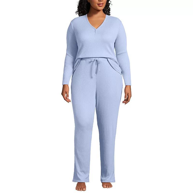 Plus Size Lands' End Long Sleeve V-Neck Pajama Top & Pajama Pants Set, Women's, Size: 2XL, Ivory Product Image