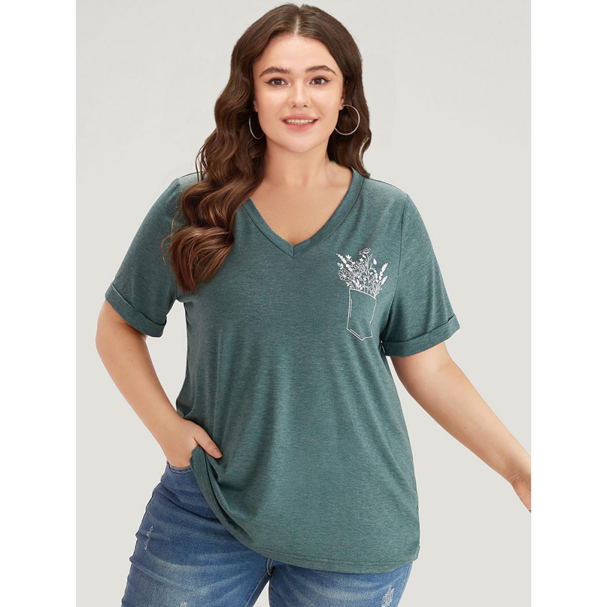 Plus Size Solid Heather Plants Print V Neck T-shirt Cyan Women Casual Printed Natural Flowers Dailywear T-shirts BloomChic 26/4X Product Image