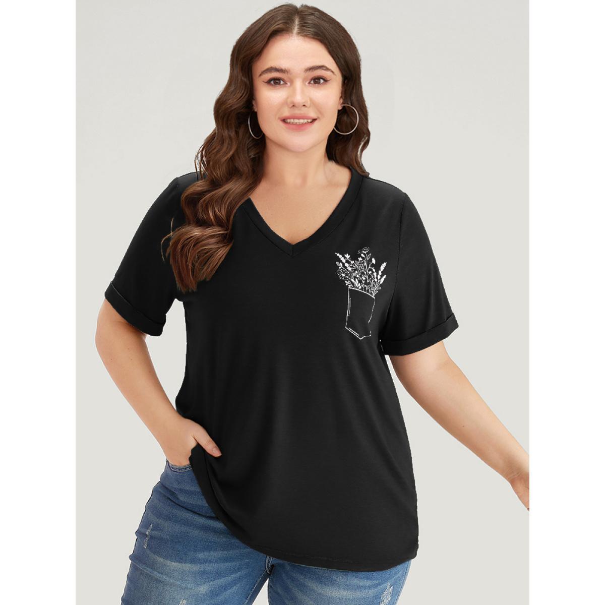 Plus Size Solid Heather Plants Print V Neck T-shirt Black Women Casual Printed Natural Flowers Dailywear T-shirts BloomChic 26/4X Product Image