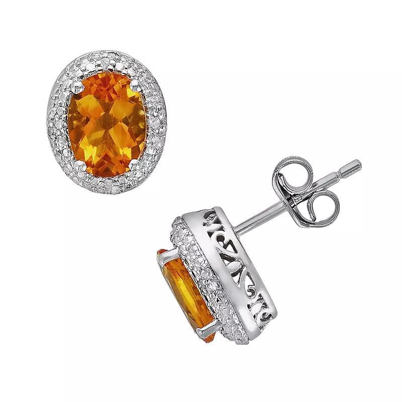 Sterling Silver Citrine and Diamond Accent Oval Frame Stud Earrings, Womens, Orange Product Image