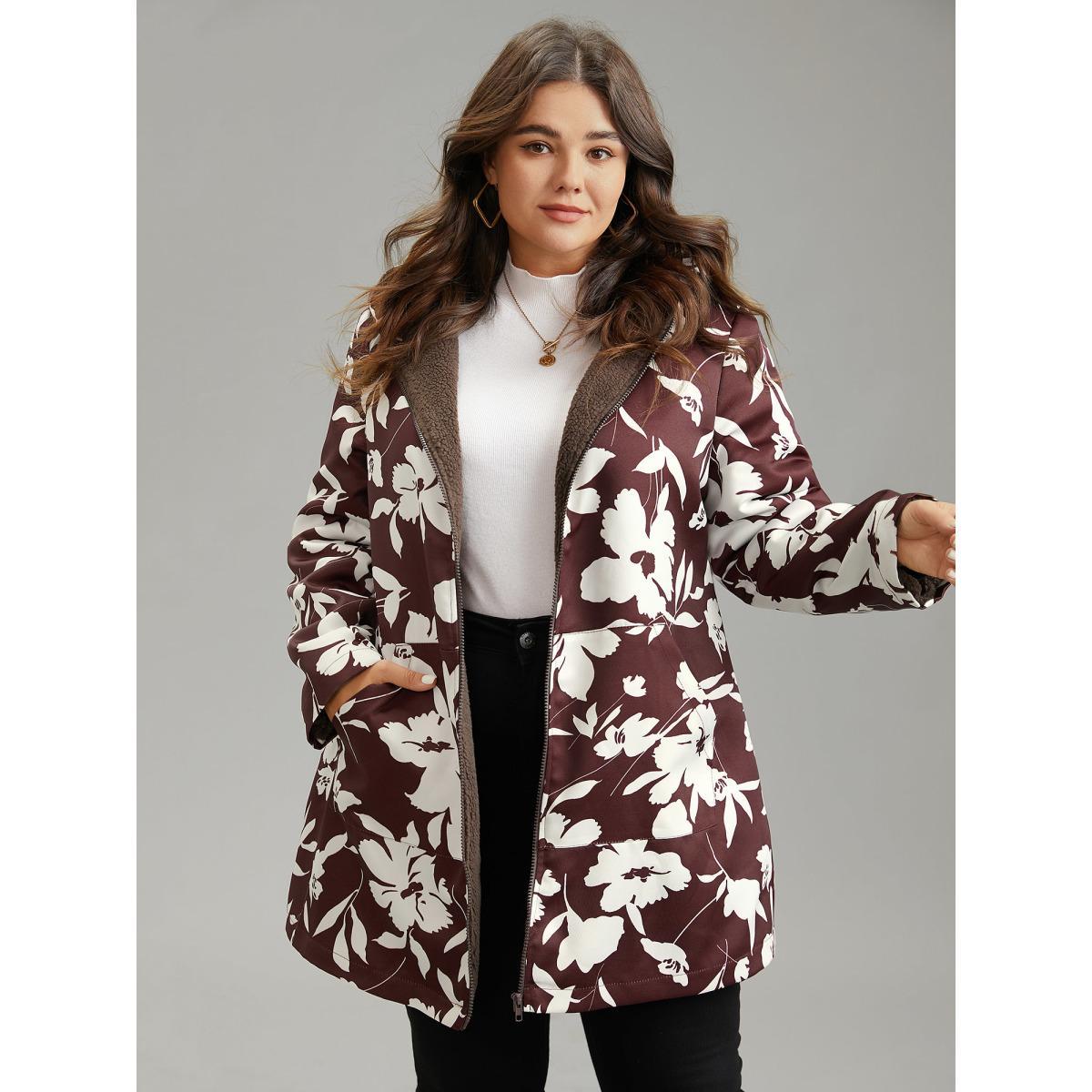 Plus Size Silhouette Floral Print Fuzzy Zipper Hooded Coat Women Scarlet Casual Lined Ladies Dailywear Winter Coats BloomChic 18-20/2X Product Image